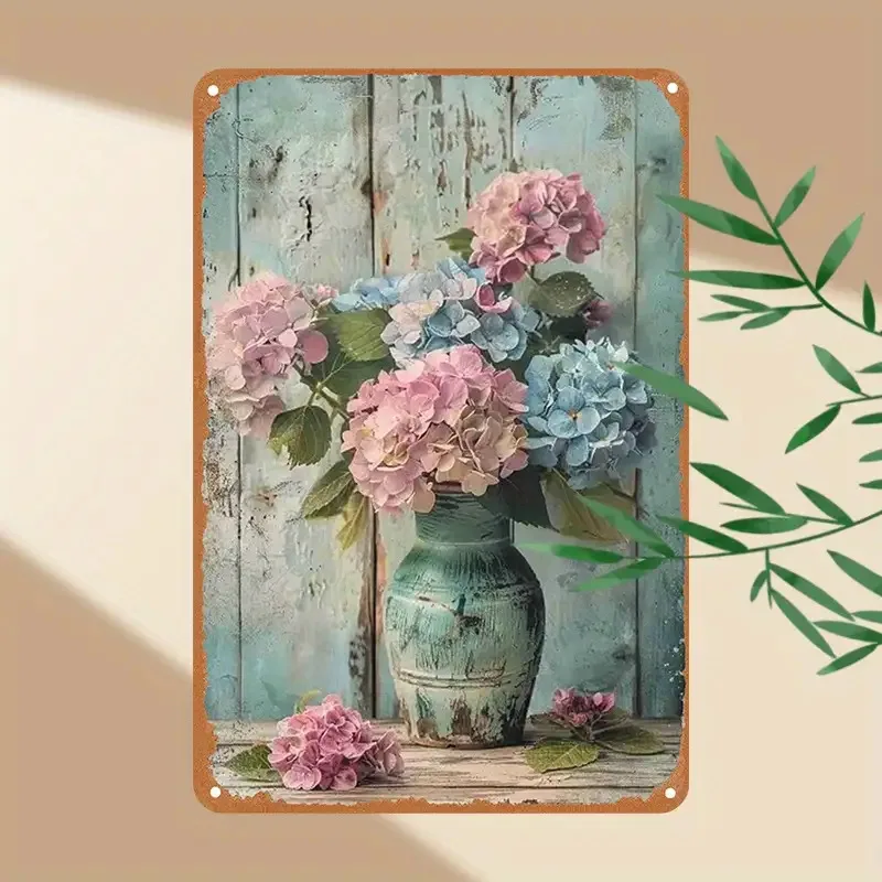 Vintage Hydrangea Metal Iron Sign, Rustic Floral Wall Decor, Suitable for Home, Bar, Cafe, Garage Decoration