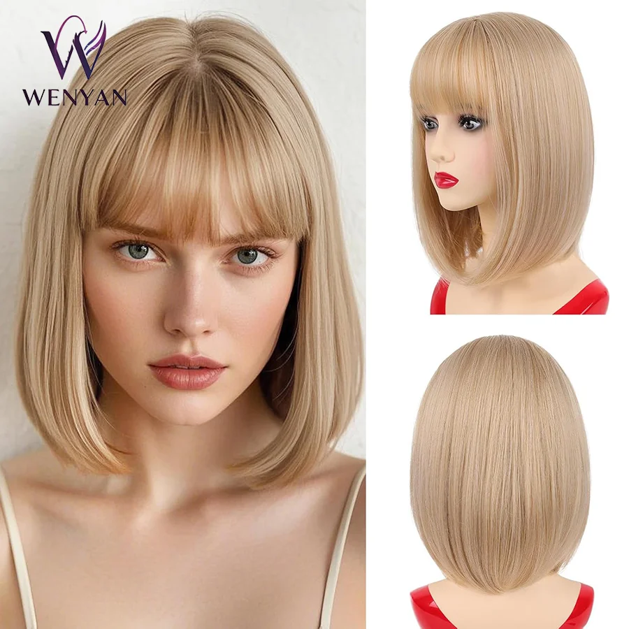 

14inch Blonde Bob Wigs with Flat Bangs for Women Short Straight Blonde Wig Includ Wig Cap Synthetic Daily Party Natural Wigs