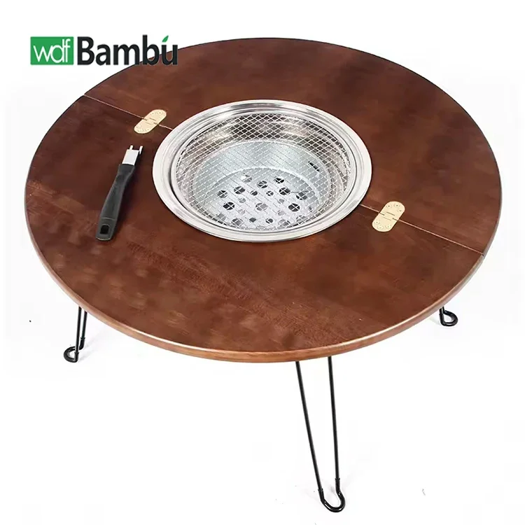 

Outdoor Table with Charcoal BBQ Grille Portable Camping Hot Pot Meja Lipat Wooden Folding Picnic Bamboo BBQ Table