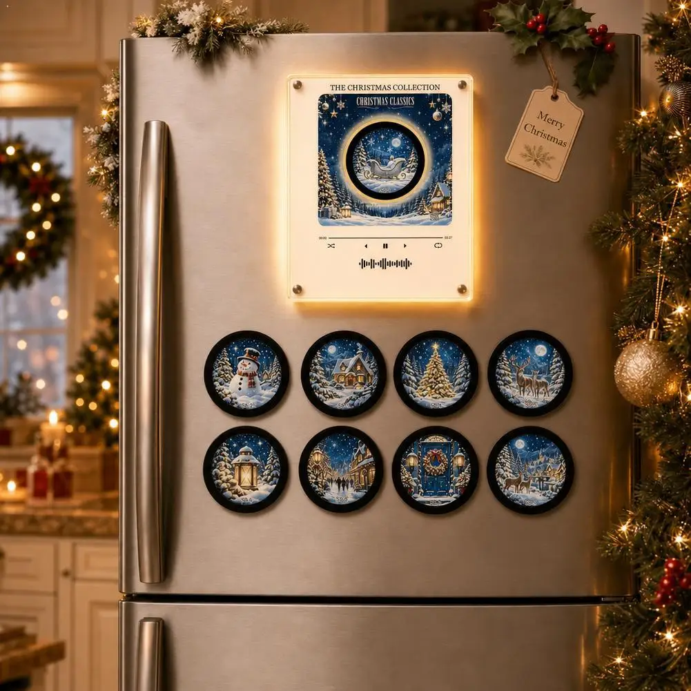 Rotating NFC Christmas Music Box Refrigerator Magnet With 9 Discs LED Night Light Custom Voice MP3 Player Fridge Decor