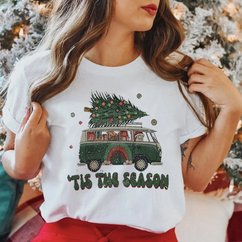 Donne 2022 Tree Car Cute Festival Merry Christmas Wear T Shirt capodanno stagione stampa top inverno Graphic Tees abbigliamento T-Shirt