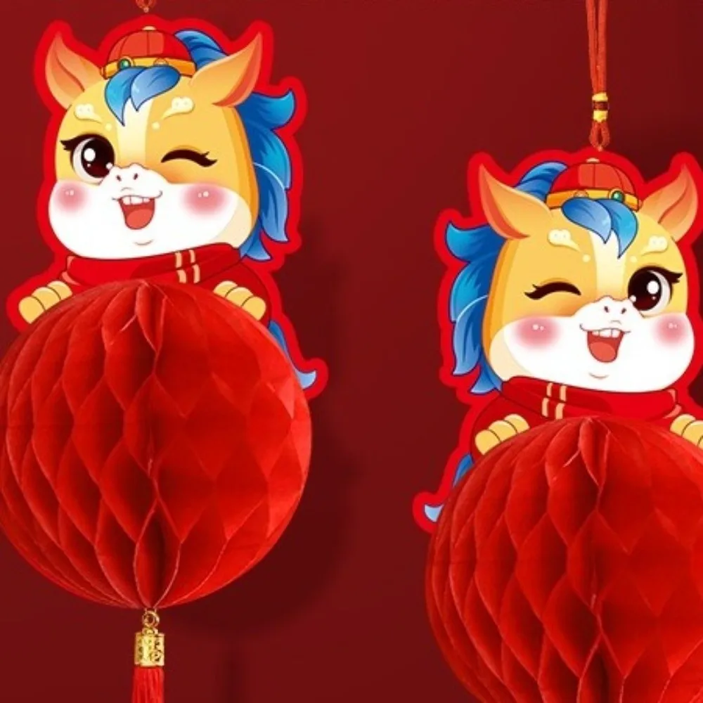 Chinese Style 2026 New Year Red Paper Lantern Traditional Festive Honeycomb Ball Lantern Blessing Cartoon
