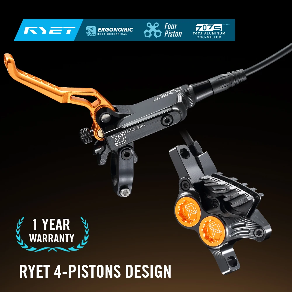 

RYET 4-Pistons MTB Hydraulic Disc Brake Set for MTB/AM/DH/E-MTB CNC 7075-T6 Heat-Resistant Caliper 840/1550mm Mineral Oil Cable