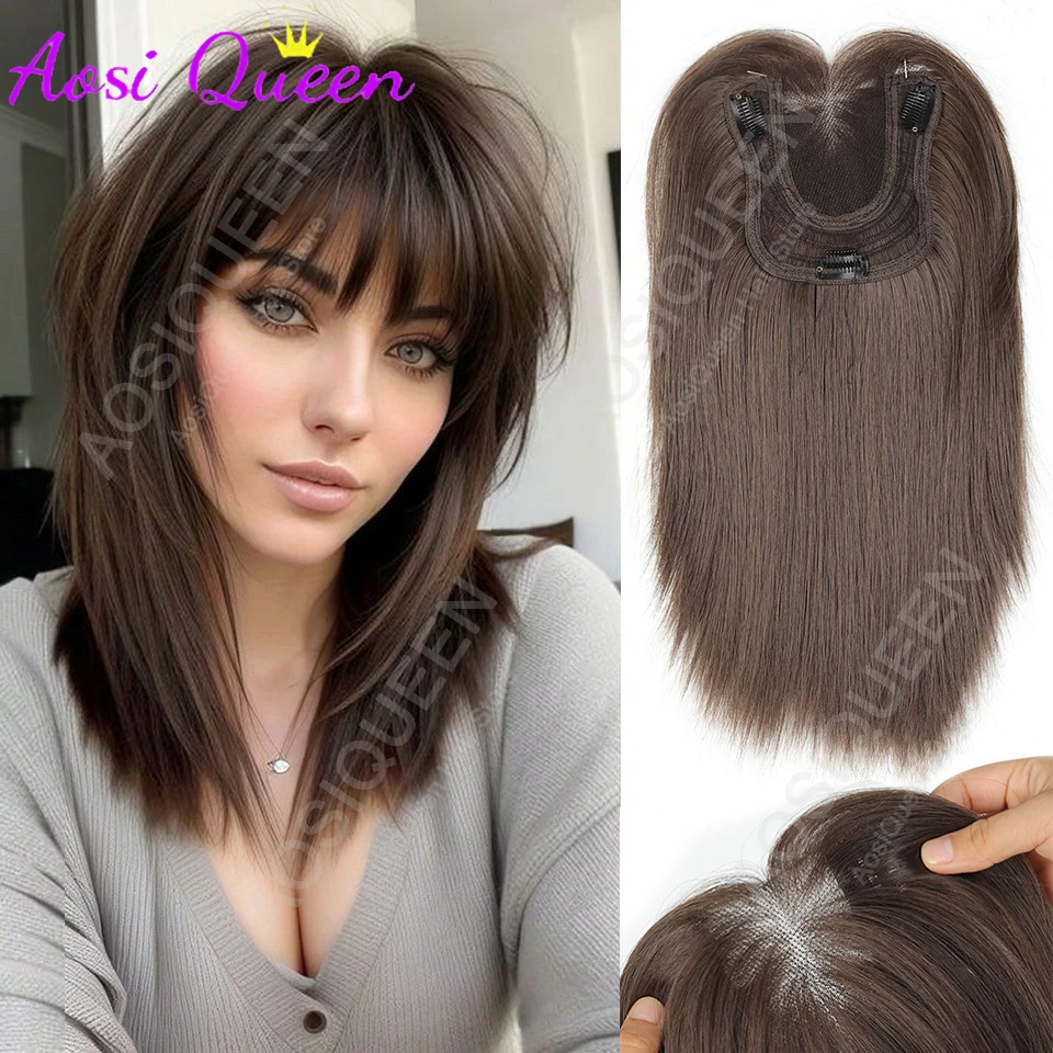 

Cold Brown Synthetic 6*10CM Fluffy Hand-woven Net French Bangs Hair Replacement Block Invisible Seamless Hair Long Straight Hair