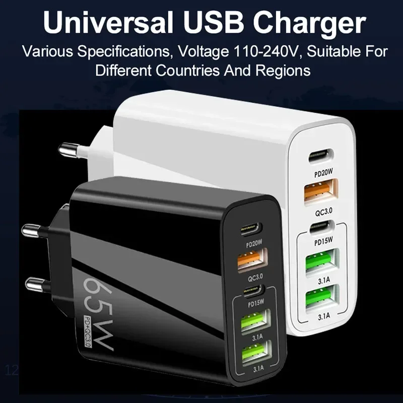 USB C Charger Fast Charging 65W USB Type C Charger PD QC3.0 Mobile Phone Adapter For iPhone Xiaomi Huawei Samsung ipad Tablets