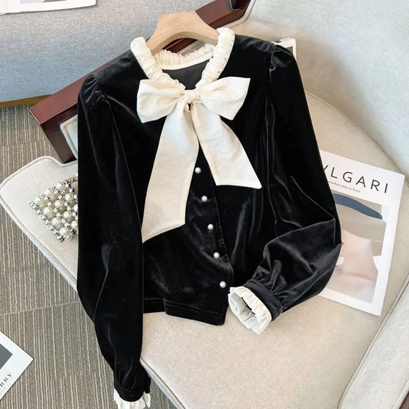 

French Style Black Shirts 2025 Early Spring New Contrast Color Bow Lace Up Shirt Outwear Elegant Fashion Slim Blusas