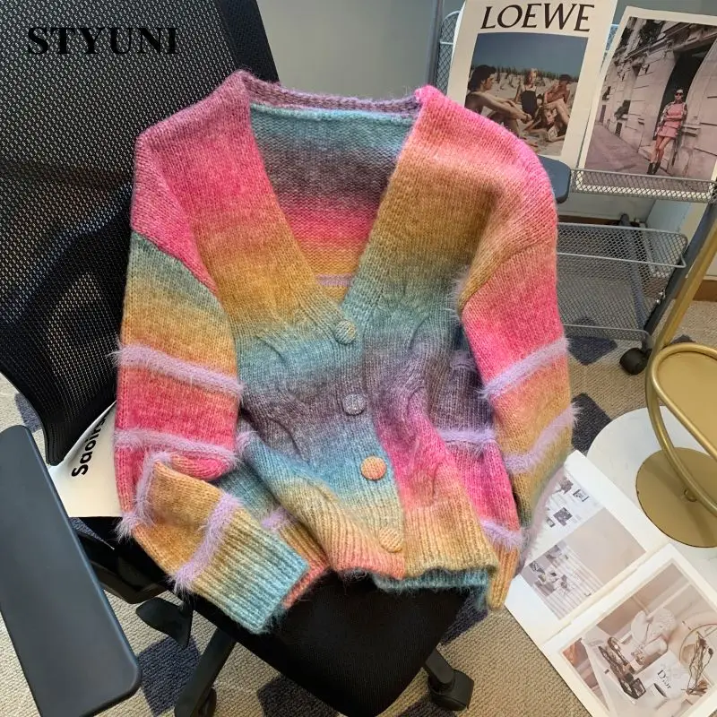 Rainbow Striped Gradient Chic V-Neck Thick Acrylic Mink Knitted Women's Sweater Korean Fashion Cardigan For Women Winter 2023