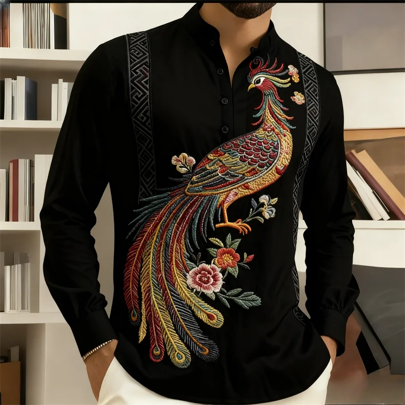 Kemeja etnik pria lengan panjang dengan cetakan 3D Phoenix |   Pola tradisional yang berwarna-warni |   Kemeja formal kasual untuk kantor/acara
