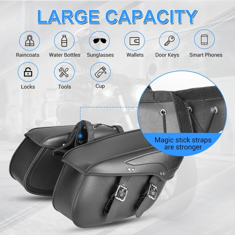 2Pcs Universal Motorcycle Saddlebags 43x15x26cm Large Capacity Synthetic Leather Waterproof Rear Side Bags Storage Luggage
