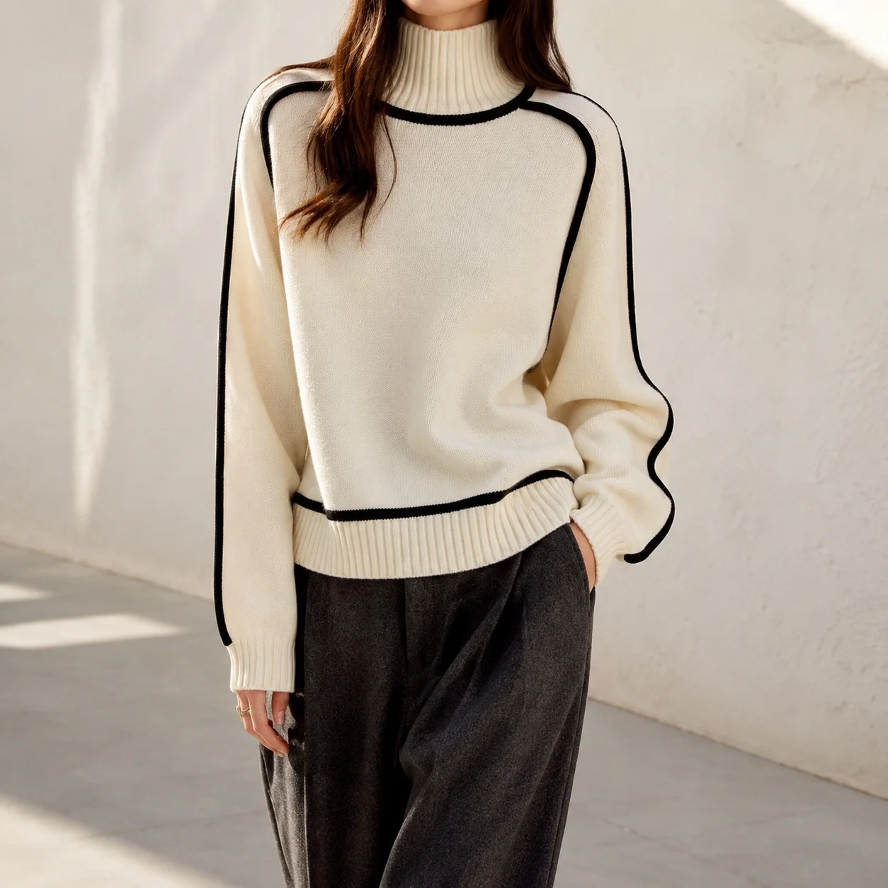 Thick Pullover Sweater Loose Fit Graceful Elegant with Regular Length Striped Pattern High Neck Long Sleeve Women Sweater