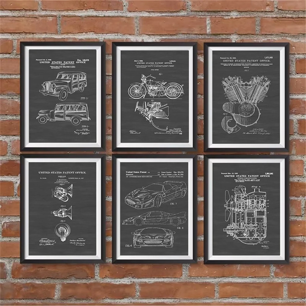 Vintage Car Motorcycle Patent Poster Canvas Painting Retro Mechanical Blueprint Wall Art Print Pictures Living Room Home Decor