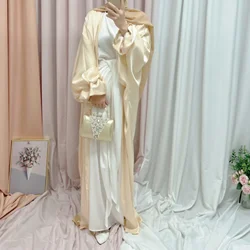 Abaya abierta de satén para mujer, Kimono musulmán largo, Hijab, vestido turco, Dubái, manga abullonada, traje modesto islámico, bata caftán, Verano