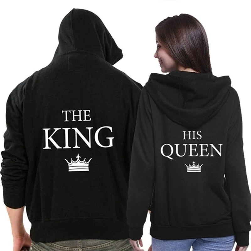 New Fashion King And Queen Couple Hoodies Men Women Long Sleeve Pullover Tops Sweatshirts Valentine Day Gifts For Lovers