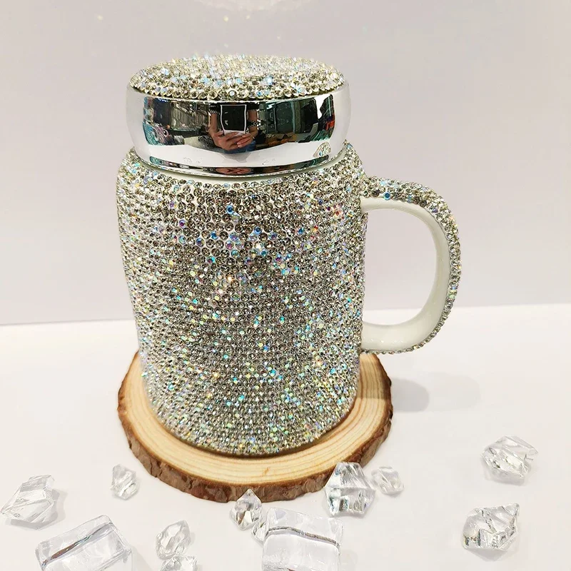 Sparkling Rhinestones Coffee Mug Cup with Lid with Handle Bling Ceramic Tea Cup Mugs Tumbler Water Bottle Glitter Gifts