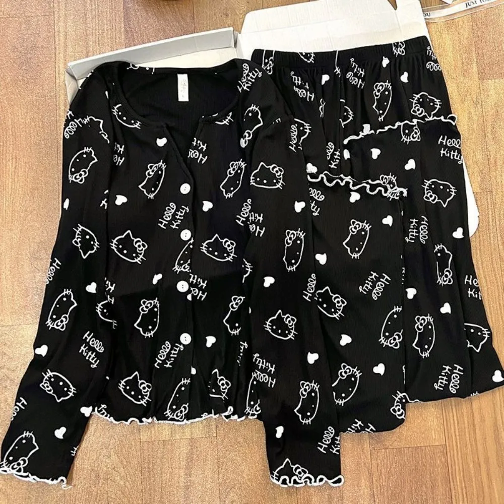 سانريو مرحبا كيتي بيجامة مجموعة أنيمي امرأة جديدة محبوك ملابس خاصة لينة ومريحة Homewear لطيف KT الطباعة بدلة على الموضة