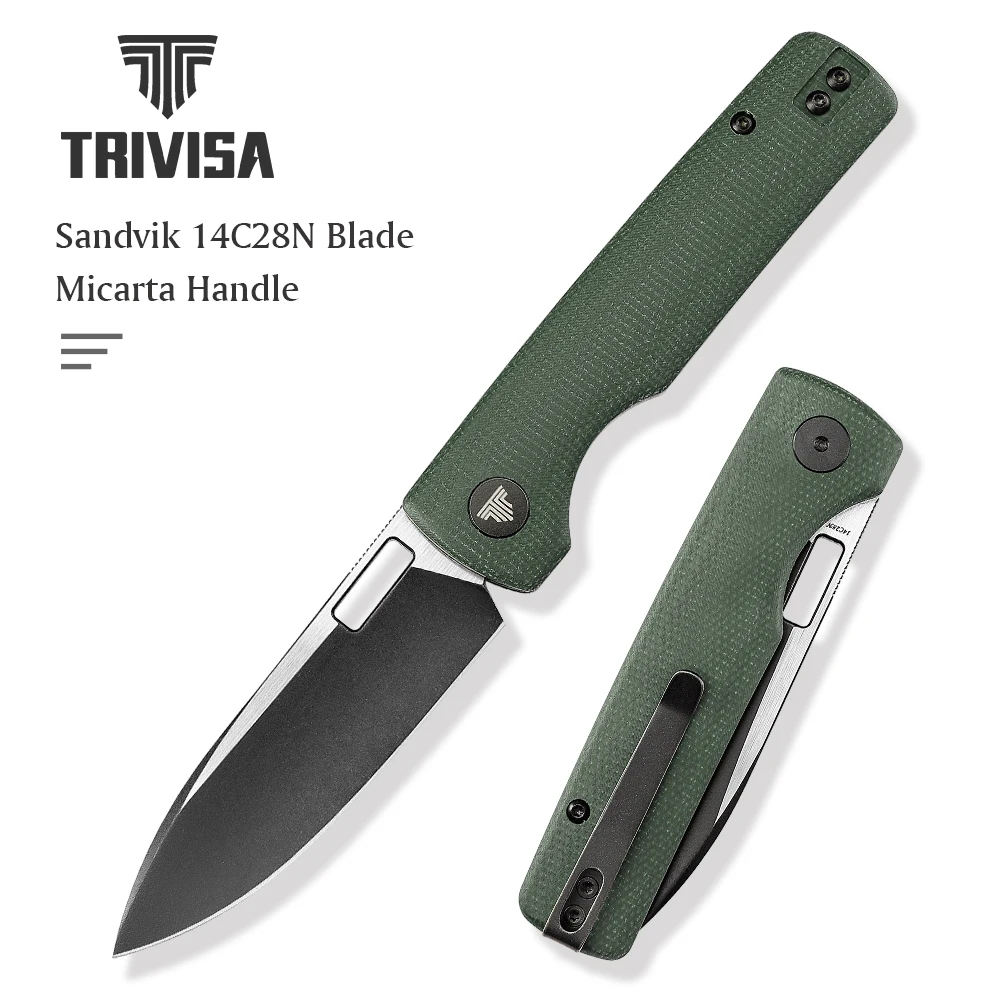 

TRIVISA New Folding Knife 2025, Sandvik 14C28N Blade Micarta Handle with Pocket Clip ,Utility Outdoors Survival Tactital Knife