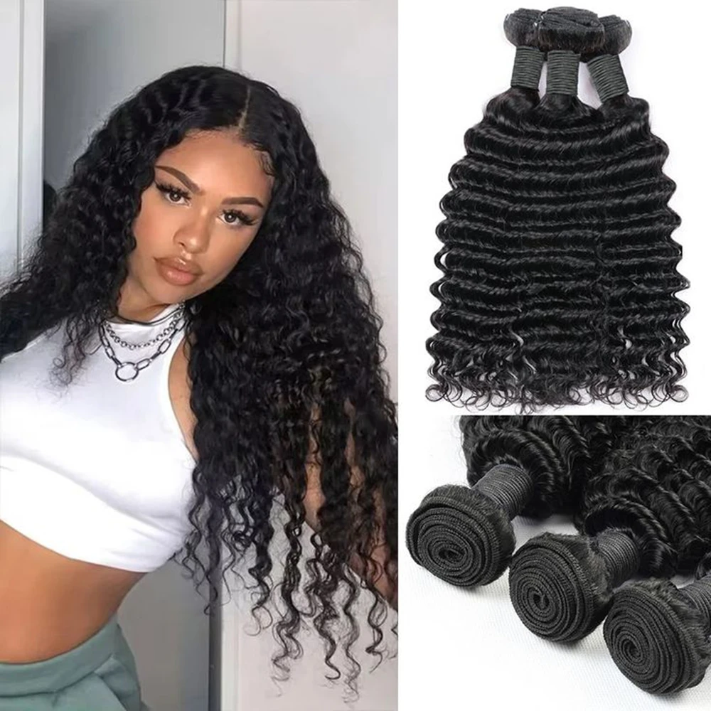 Mechones de cabello rizado 100% cabello humano mechones de ondas profundas 26 28 30 pulgadas cabello crudo mechones ondulados con agua extensiones de cabello 3 4 mechones