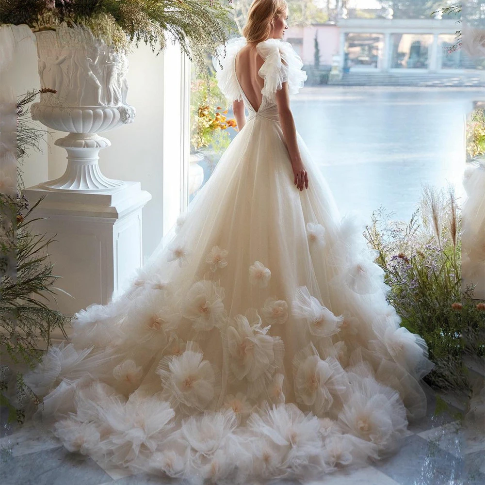 Perfect Gorgeous Long Wedding Dresses 3D Flowers Crystal Appliques Evening Gowns V-Neck A-Line Party Dress Occasion Formal Dress
