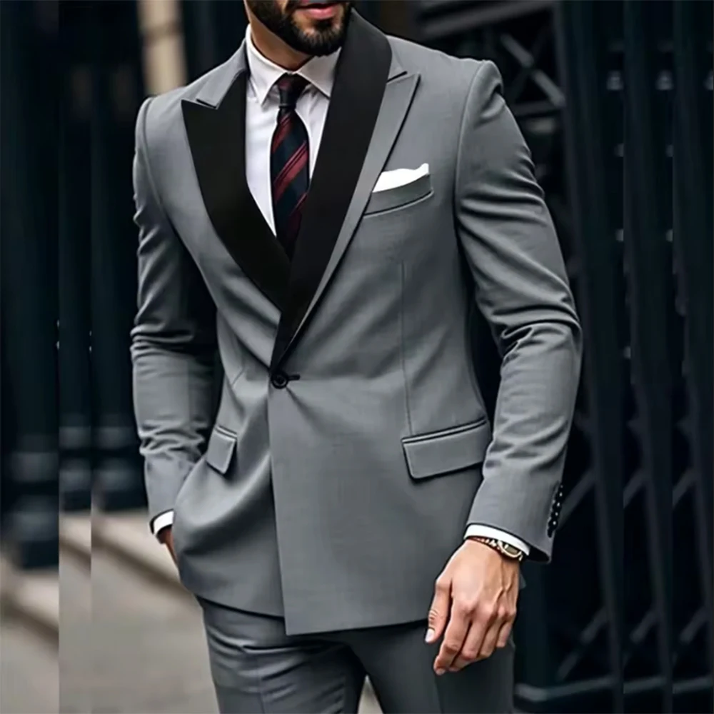 

New Fashion Grey Men Suits For Wedding 2 Pieces Formal Business Groom Tuxedos Blazer Jacket Pants Costume Homme Mariage