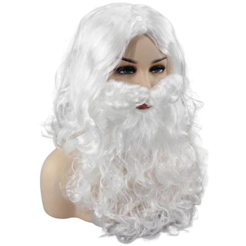 Santa Claus Cosplay Wig and Beard Accessories Halloween White Fluffy Curly Hair Wig and Red Xmas Hat Party Decor Family Shooting