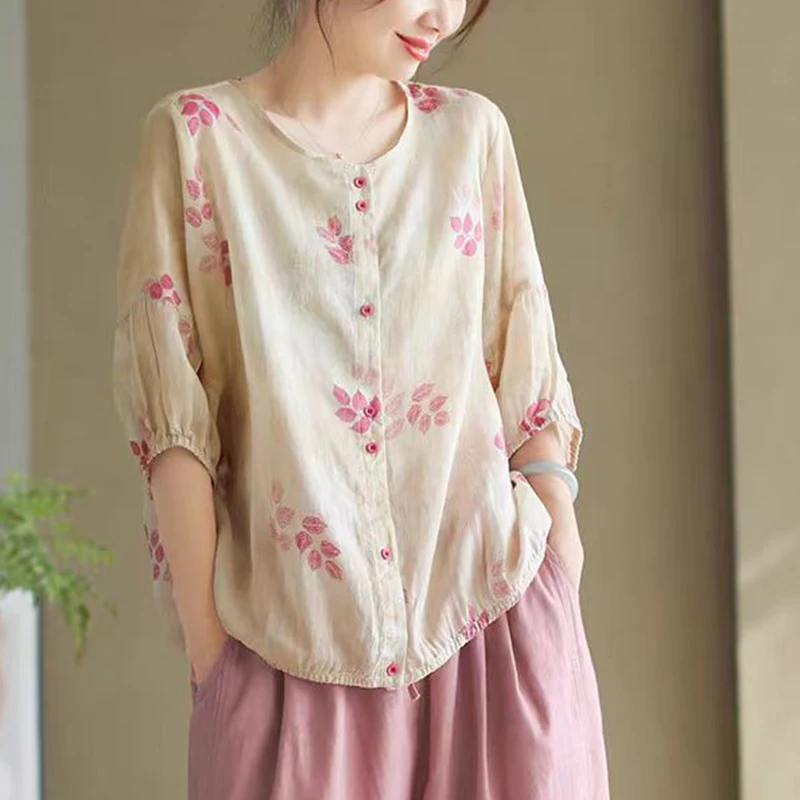 Vintage Fashion Women Summer Blouse Thin Light Soft Ranmie Women Shirt Round Neck Single Breast Flora Printing