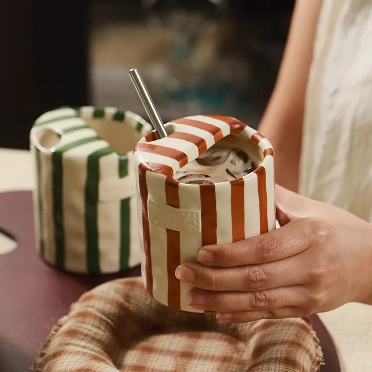 

Vintage black hand-painted striped ceramic cup, hand-held cup, coffee cup, milk tea cup, water cup, juice cup, gift