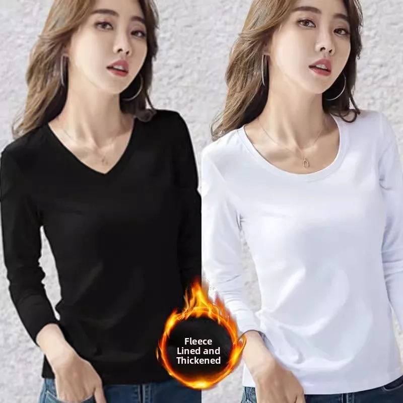 Thickened Fleece Warm Underwear Top for Women Long Sleeve round Neck T-Shirt Korean Style Commute Fashion Pure Color Winter C...