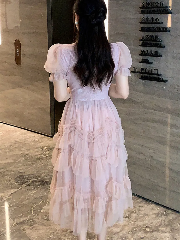 Sweet Pink Rhinestone Lace Patchwork Ruffles Edge Mesh Fluffy Wedding Party Dress Women Elegant Puff Sleeve Slim Evening Dress