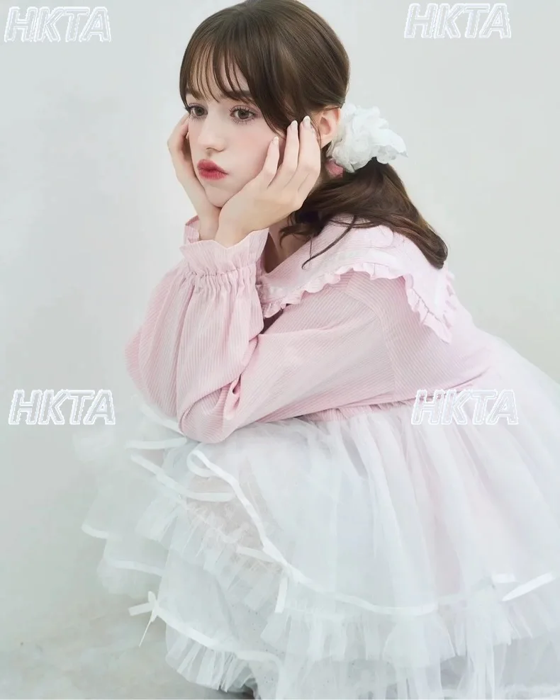 Dulce vestido camisero de manga larga con cuello azul marino, Vestido corto hinchado con pastel para mujer, vestido de encaje plisado de cintura alta Kawaii Lolita para mujer