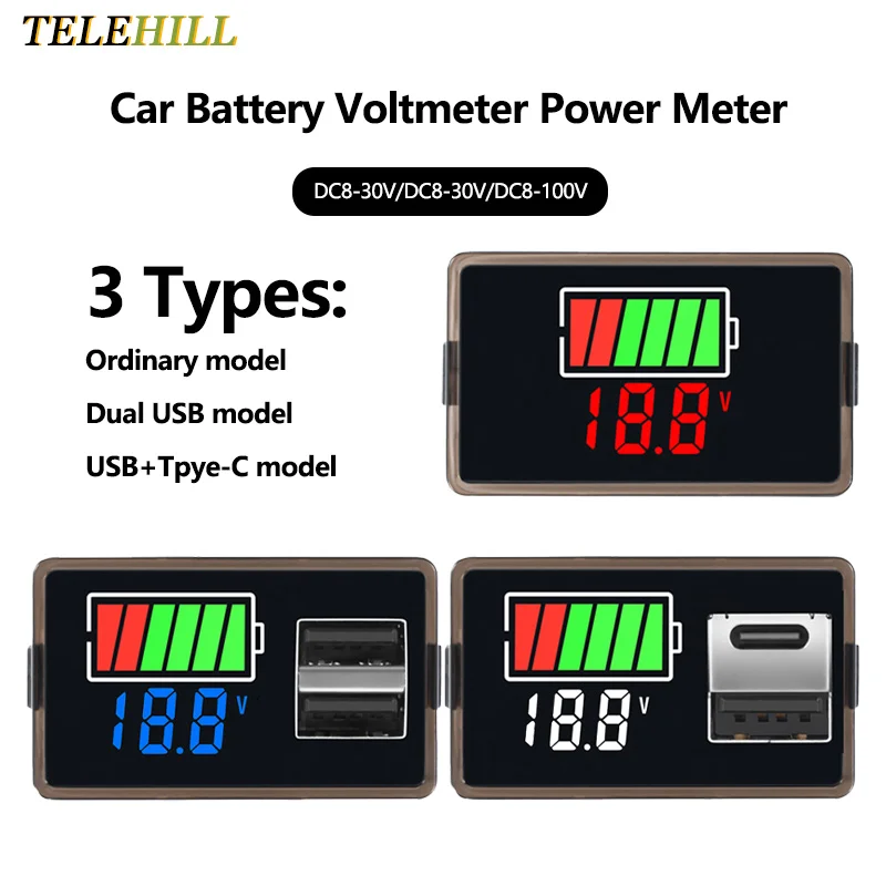 DC8-100V DC8-30V Battery Capacity Indicator USB Type-C LED Digital Lithium Battery Electricity Meter Test Car Battery Voltmeter