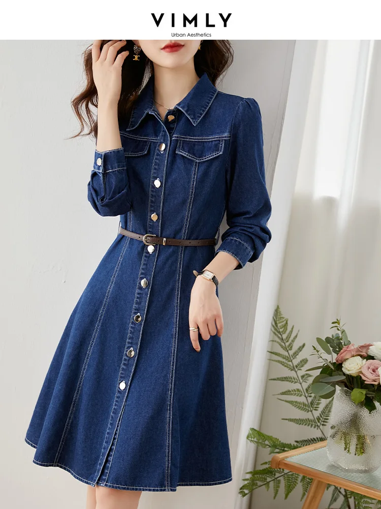 Vimly Vintage Blue Denim Dress Women 2023 Spring Autumn Long Sleeve Single Breasted Cotton Denim Shirt Dresses with Leather Belt