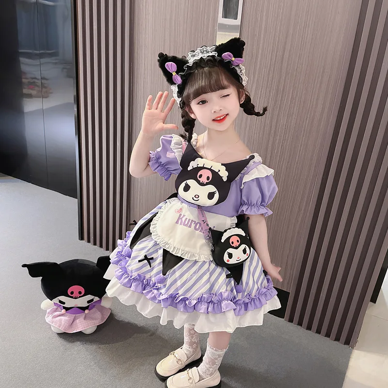 Sanrio-vestido de princesa Kuromi Lolita para niños, disfraz de primavera y otoño, traje de falda hinchada, regalos bonitos para niñas, 2024