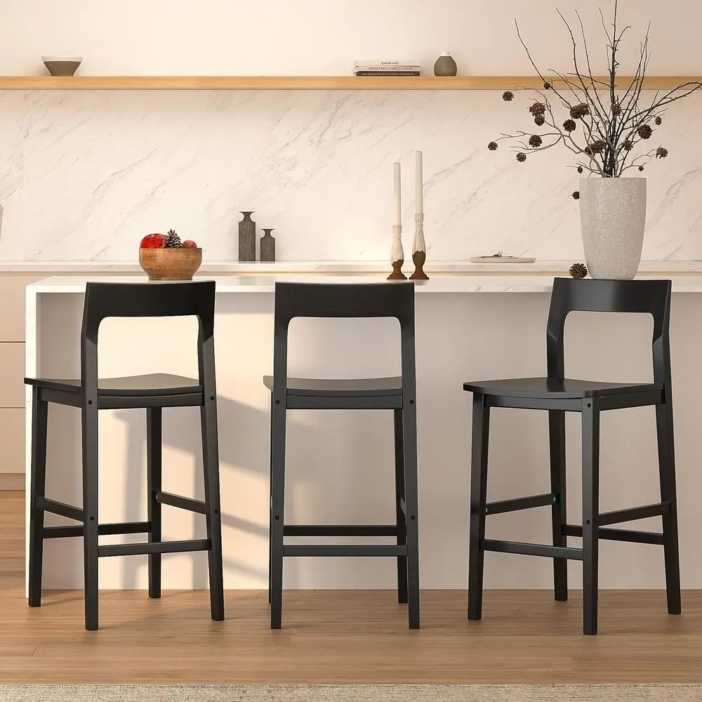 

Set of 3 Counter Height Wooden Bar Stools with Solid Legs, Black for Kitchen Island or Dining