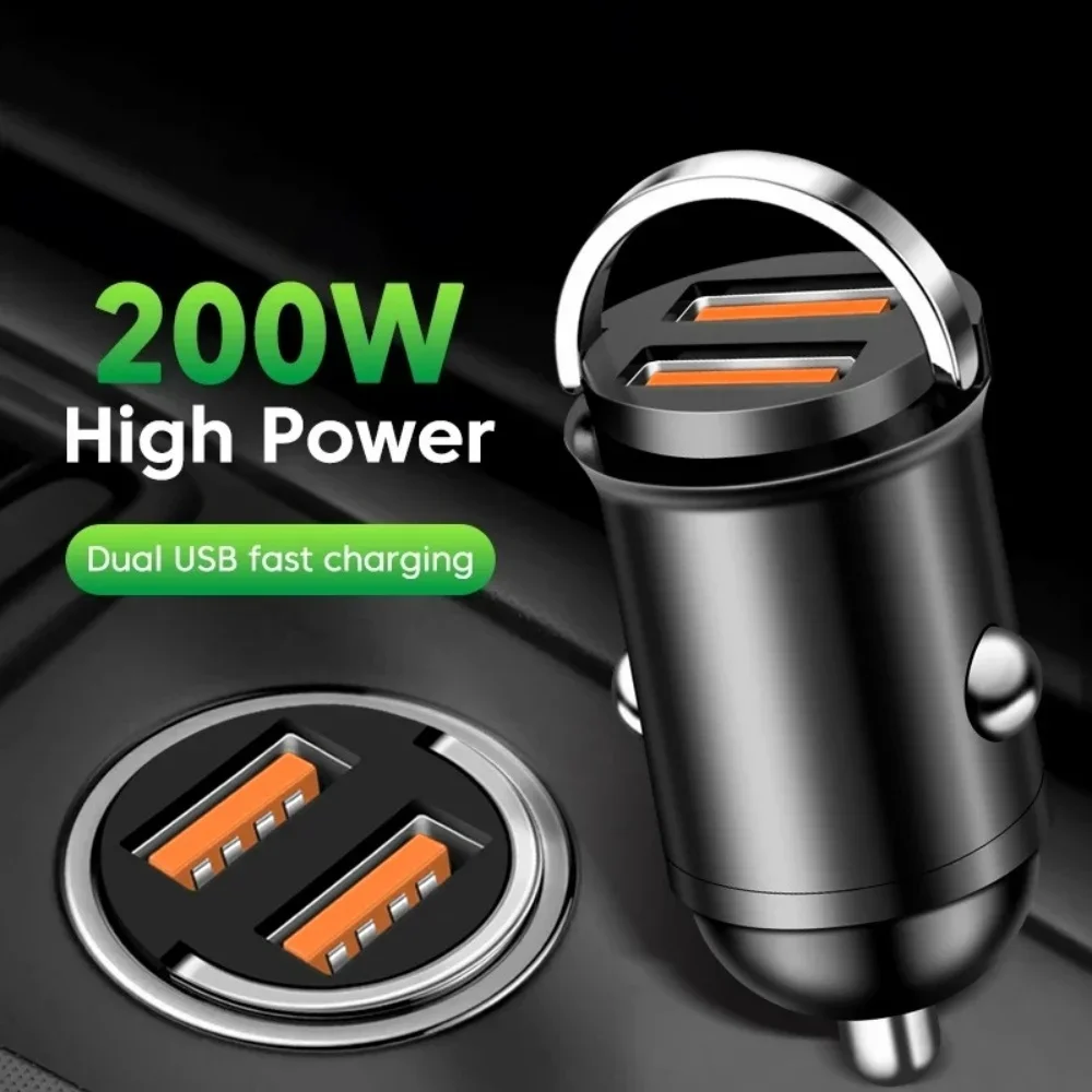 Total 200W Mini Dual Ports USB Car Charger Lighter Fast Charging Car Phone Adapter for iPhone 13 12 Xiaomi 14 15 Huawei Samsung