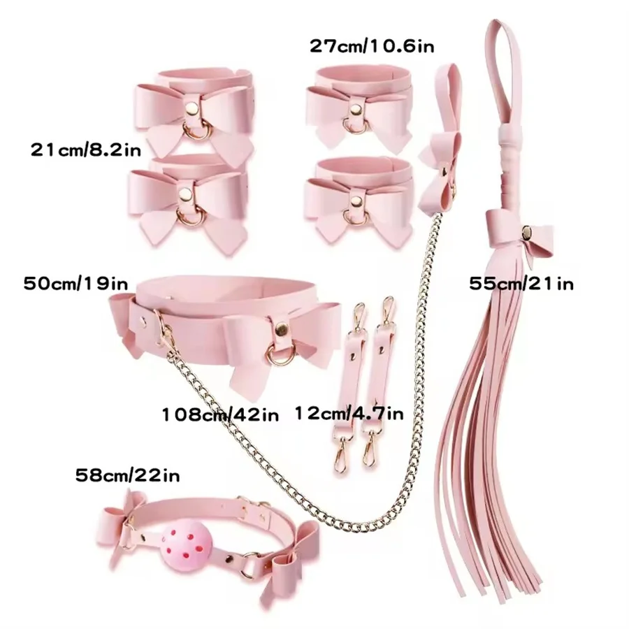 BDSM Cute Bow Themed Bondage Sets Cosplay Adult Games Leather Handcuffs Ankle Cuffs Mouth Gag Whip Collar Sex Toys For Women view 6