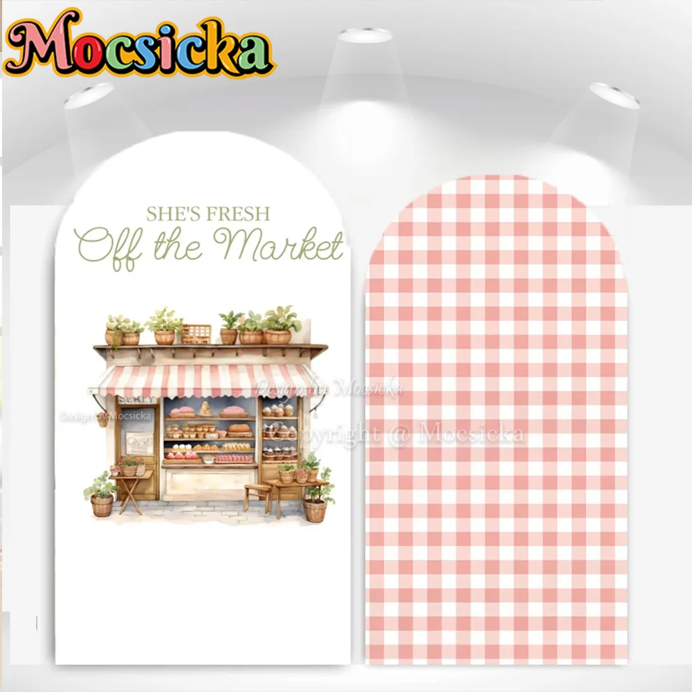Mocsicka She's Fresh Off The Market Arch Cover Backdrop Bakery Shop Pink Background Bridal Shower Bachelorette Party Photobooth