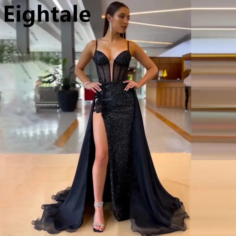 

Eightale 2023 Black Sparkle Sequin Mermaid Evening Dresses Spaghetti Straps Side Slit Prom Dresses Dubai Formal Party Gown