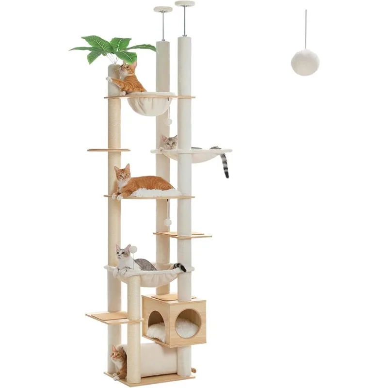 

PETEPELA Floor to Ceiling Cat Tree,93.3''-100.8'' Height Adjustable Wooden Cat Tower, Tall Modern Climbing Tree with Large Hammo