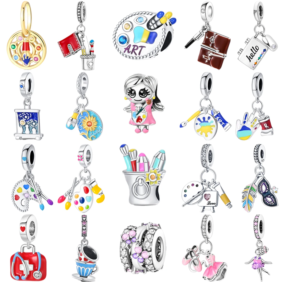 Original 925 Charms Sterling Silver Paint Brush Drawing Board Beaded Pendant for Pandora DIY Bracelet Ladies Jewelry Gift