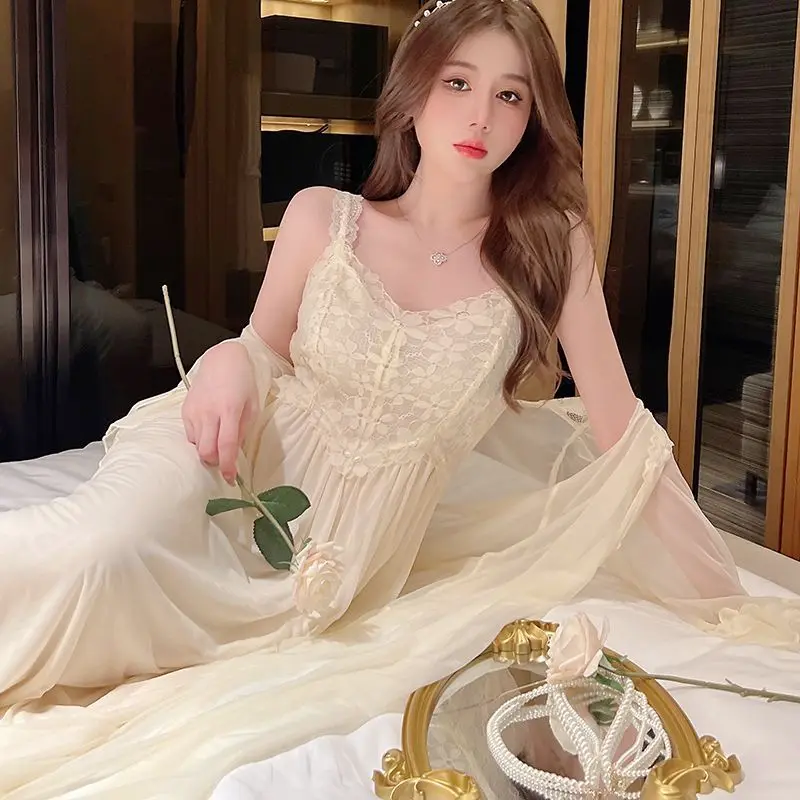 Spring Autumn Mesh Long Night DressTwo Pieces Sexy Lace Full Sleeve Nightgown Robe Sets Fairy Cute Women Sweet Apricot Peignoir