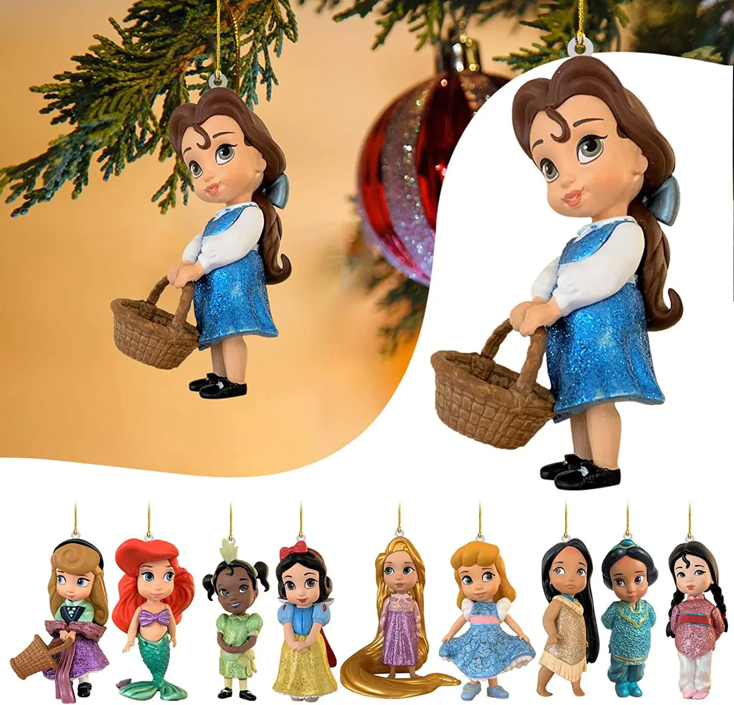 Colgante acrílico de princesa de Disney para Navidad, muñeco de Rapunzel de Blancanieves de dibujos animados, adorno colgante plano para árbol de Navidad, decoración de moda para fiesta