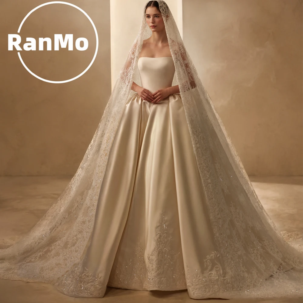 Ranmo Luxuriöses Maßgeschneidertes A-Linien-Mikado-Brautkleid, trägerlos, ärmellos, mit Kapellenschleppe, besticktes Brautkleid, Vestidos De Novia