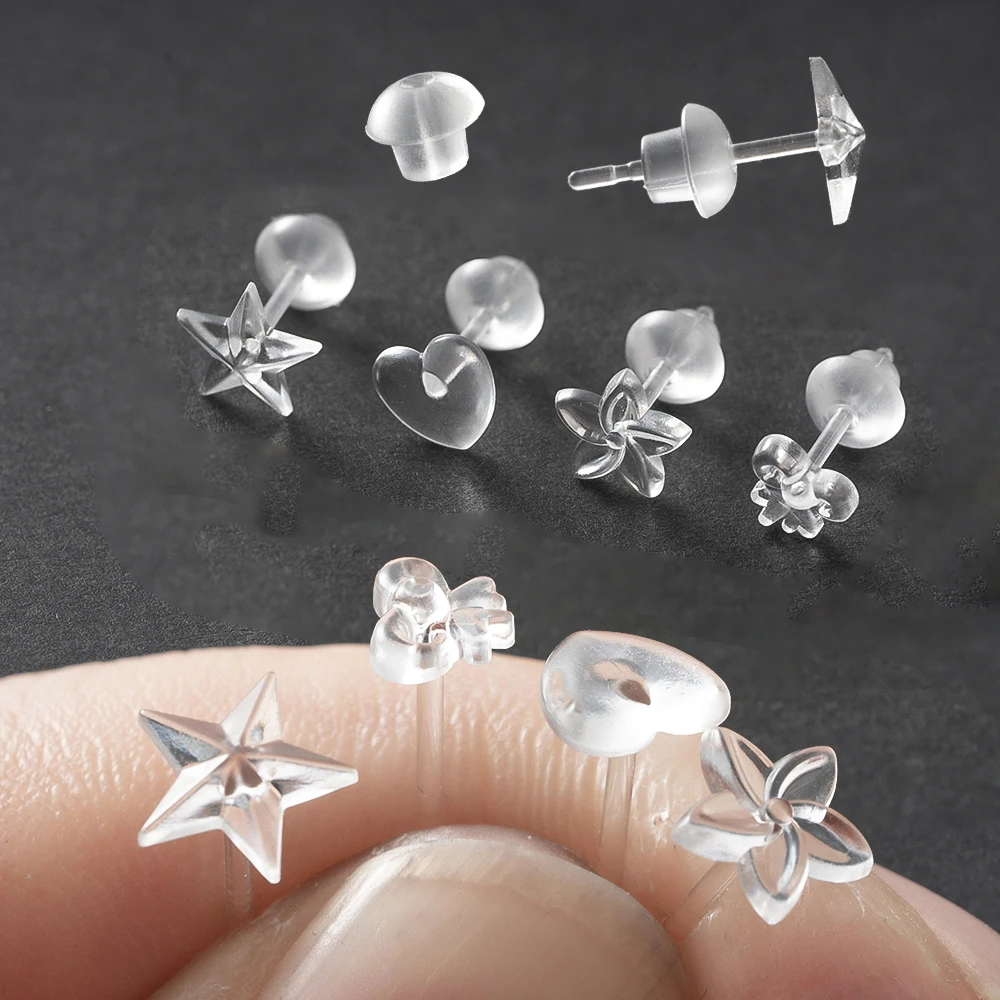 

100pcs/Lot Multiple Styles Plastic Simple Plastic Earring Clear And Ear Back For Hypoallergenic Piercing Jewelry Making Supplies