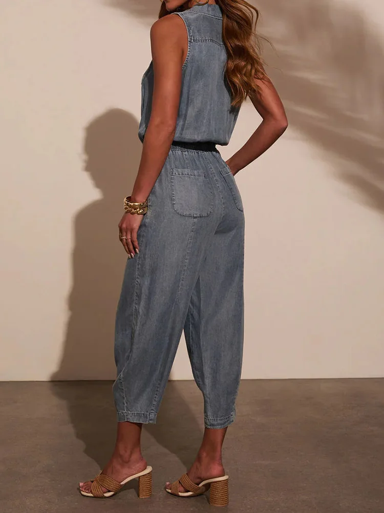 V Neck Buttons Patchwork Chic Jumpsutis, Women Summer Sleeveless Fashion Playsuits, New Elestic Waist Elegant Ladies Bodysuits