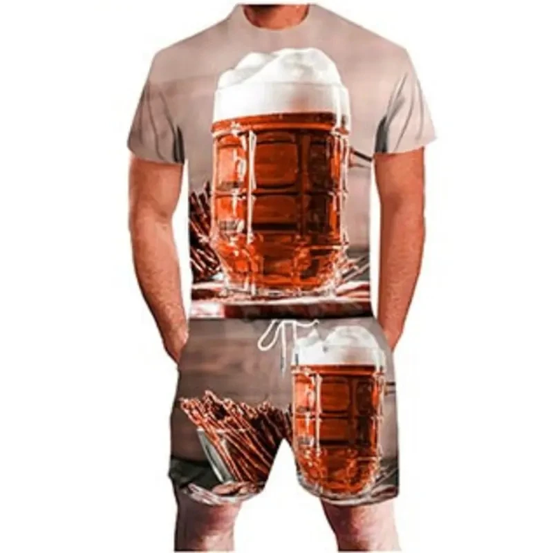 2024 New Beer 3D Print Tracksuit Summer Men\'s Short Sleeve T-shirt Sets Fashion Streetwear T Shirts Shorts 2 Piece Sportswear