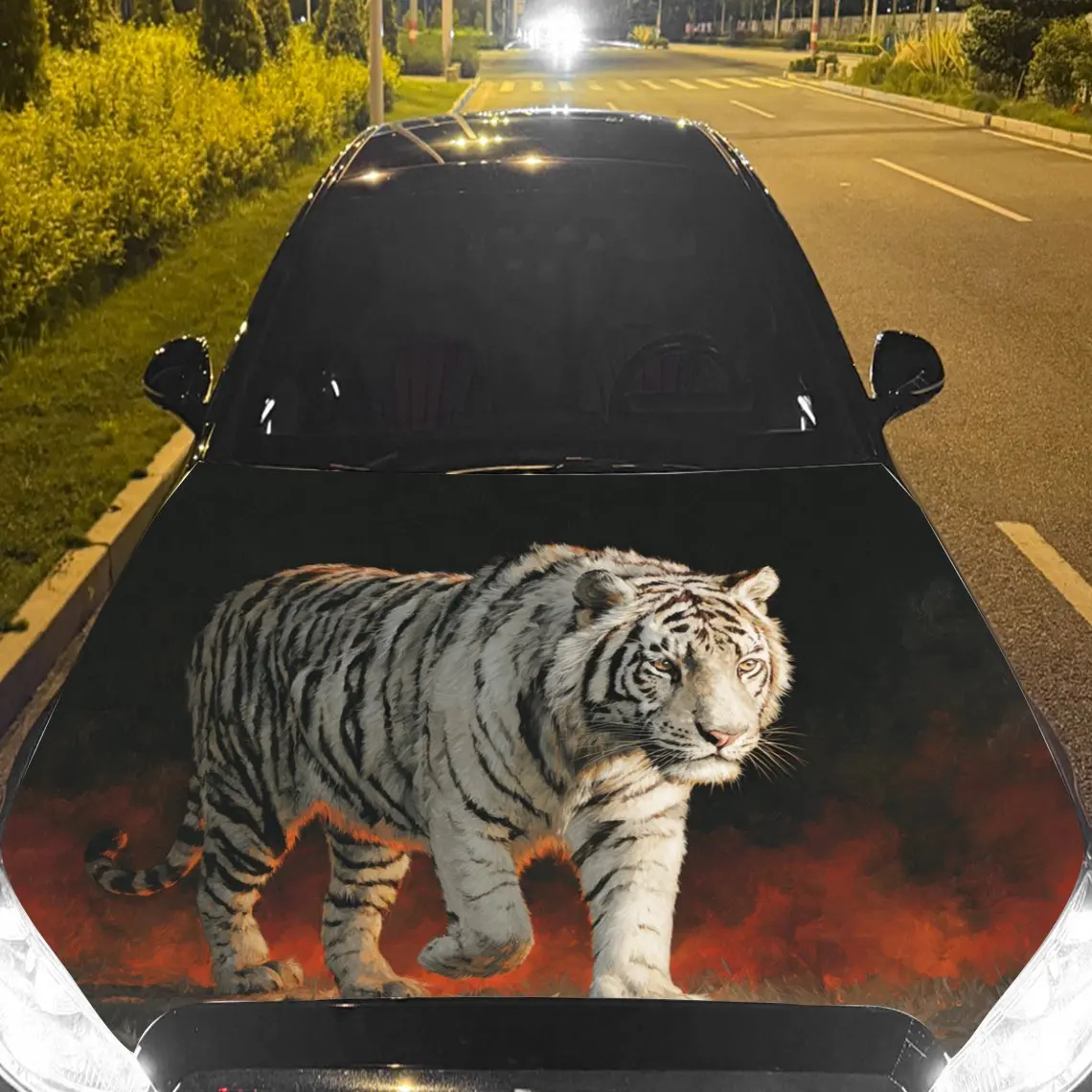 Car Decals White Tiger with Distinct Black Stripes, a Walking Stance, and a Fiery - Hued Scene Car Hood Sticker, Waterproof Self