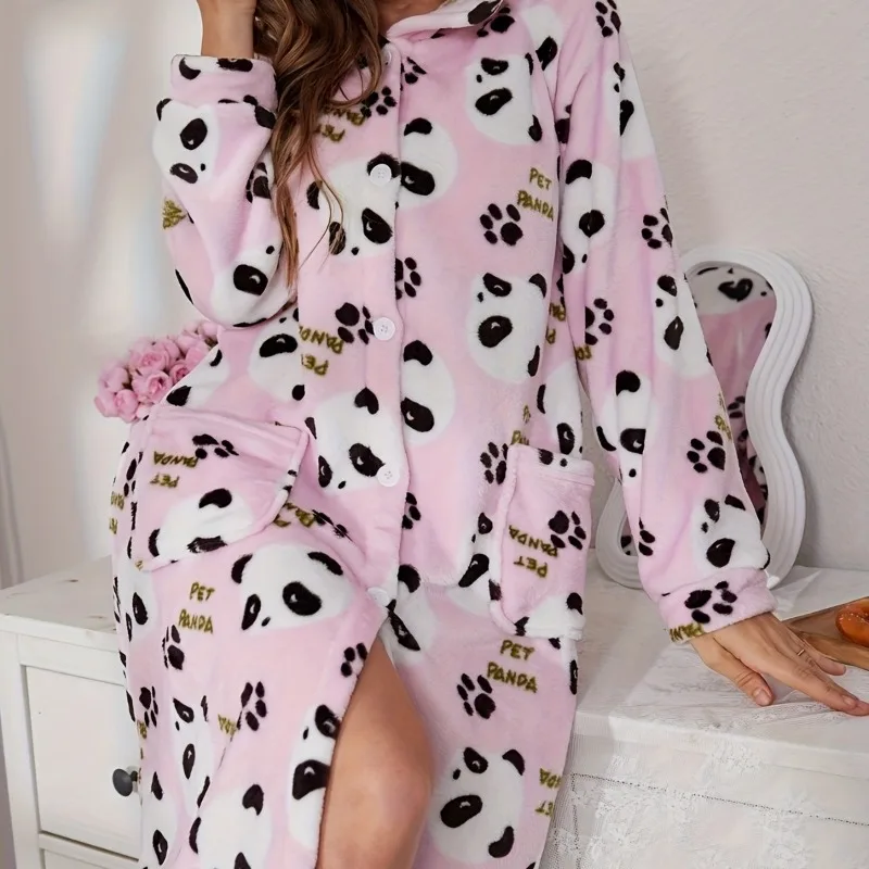 

Cozy Cartoon Print Long Hooded Blanket Bathrobe for Autumn Winter Soft Skin-Friendly Nightgown for Home wear XL size