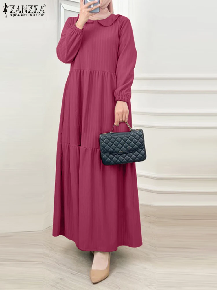 

Women Spring Dubai Turkey Abaya Sundress ZANZEA Vintage Long Sleeve Solid Muslim Dress Casual Hijab Vestido Islamic Clothing