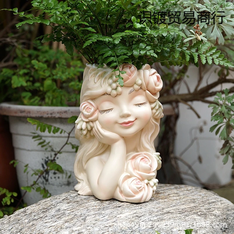 

Fairy Angel Resin Flower Pot Statue Garden Planter Ornament With Wreath Outdoor Home Decoration For Patio Balcony Yard Decor