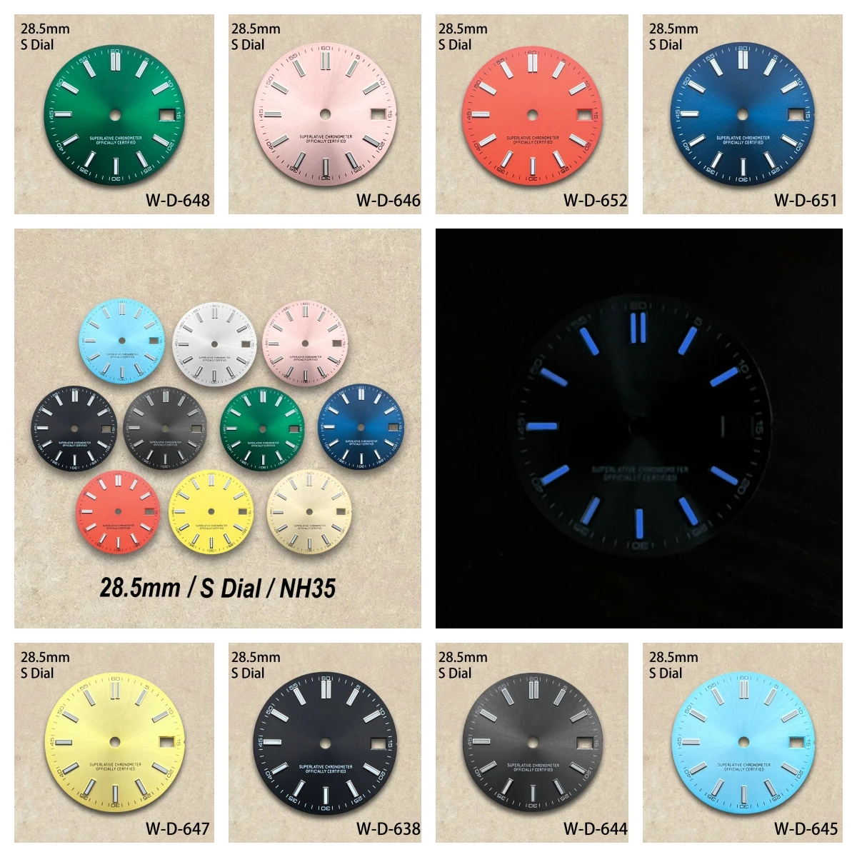 

28.5mm S Logo Sunburst Dial Fit NH35/NH36/4R Japanese Movement Blue Luminous High-Quality Dial Watch Modification Accessories